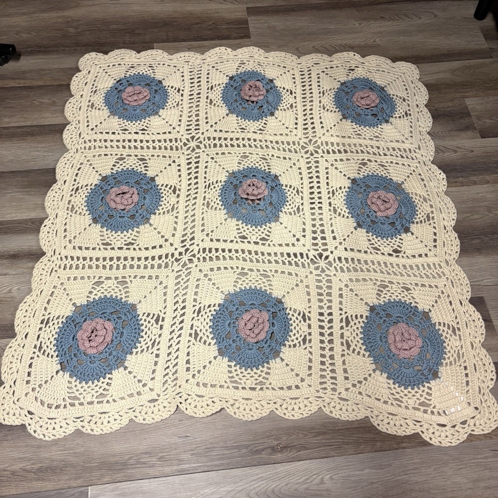 Vintage Crocheted Wool Afghan Raised Rosettes Blue Lilac Cream 50 X 48"